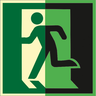 Знак E01-01 Выход здесь (Левосторонний) (Фотолюминесцентный Пластик 200 x 200)